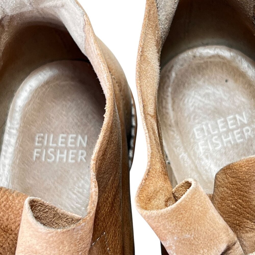 Eileen Fisher Tan Leather Ankle Boots Elastic Gore Low Block Heel Pull Tabs Sz 8 - Picture 14 of 16